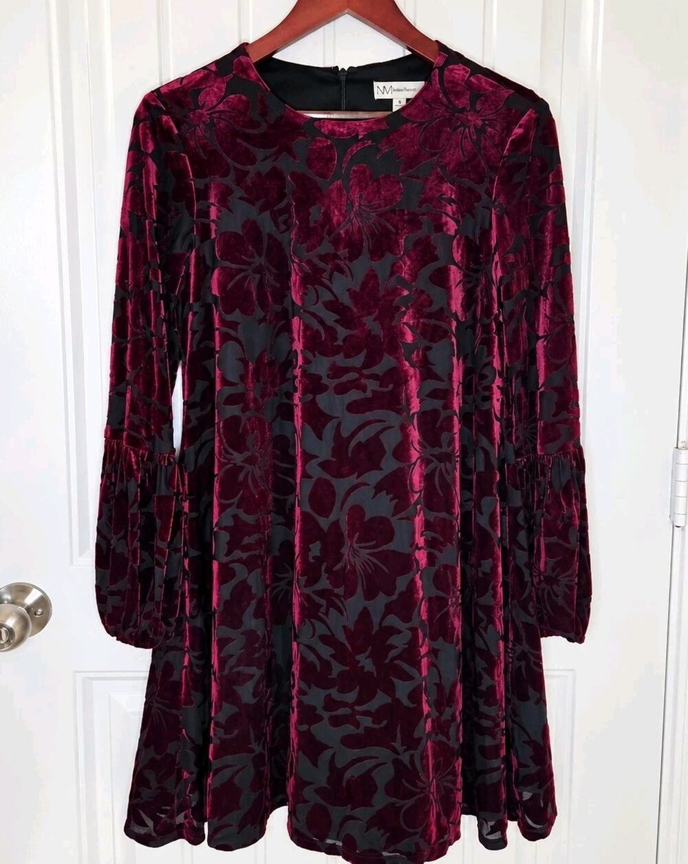 Neiman Marcus Floral Velvet Shift Dress 8 Wine Maroon Dark Academia Holiday